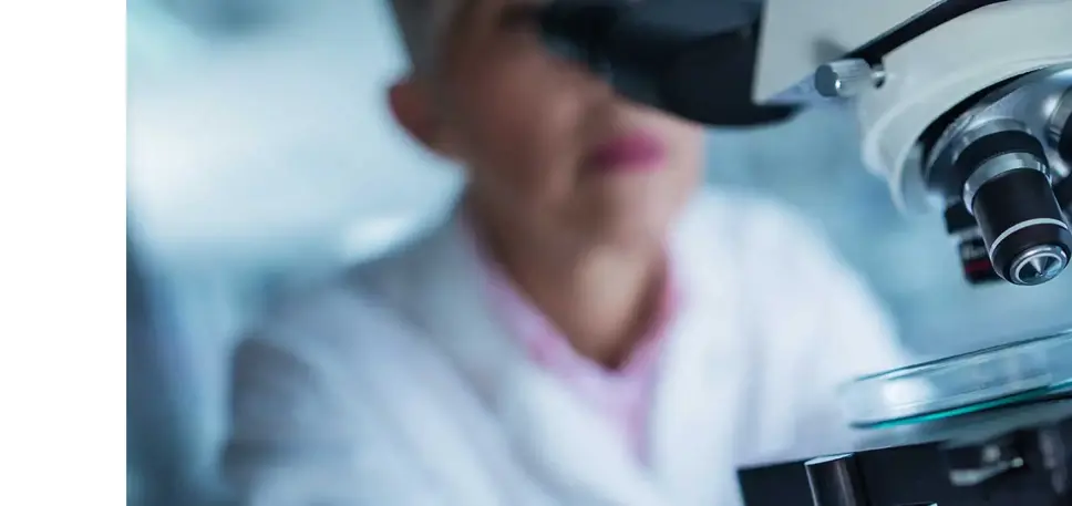 Scientist looking at petri dish on the microscope platform