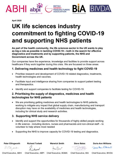 UK life sciences industry commitment to fighting COVID-19 and supporting NHS patients